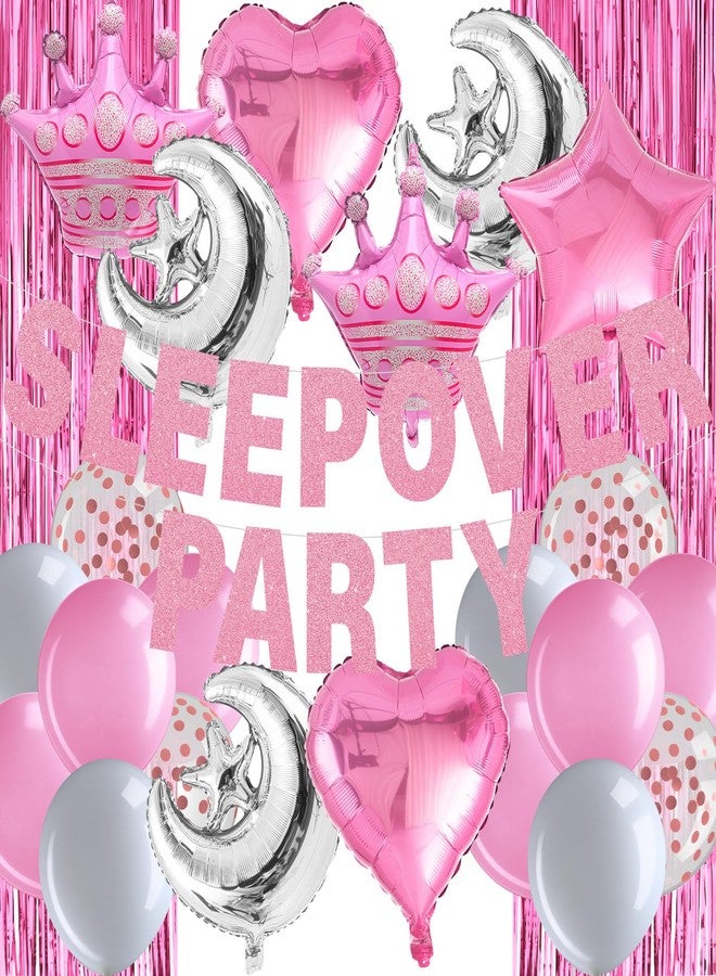 LaRandom 41 Pcs Sleepover Party Decorations, Pink Sleepover Birthday Party Balloons Banner for Girls, Cute Crown Moon Stars Foil Balloons Girls Slumber Pajama Princess Theme Decoration - Image 1